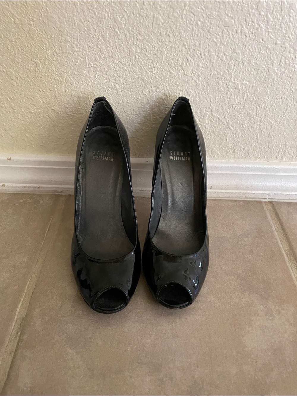 Stuart Weitzman Black Patent Peep-Toe Heels